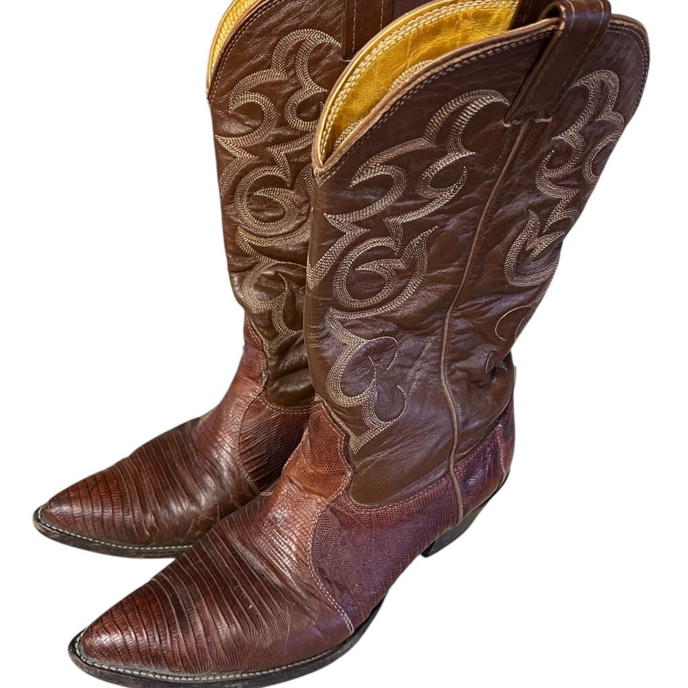 Vintage Nocona Cowboy Boots Men's 9.5 D Exotic Teju Lizard Cherry Brown Western